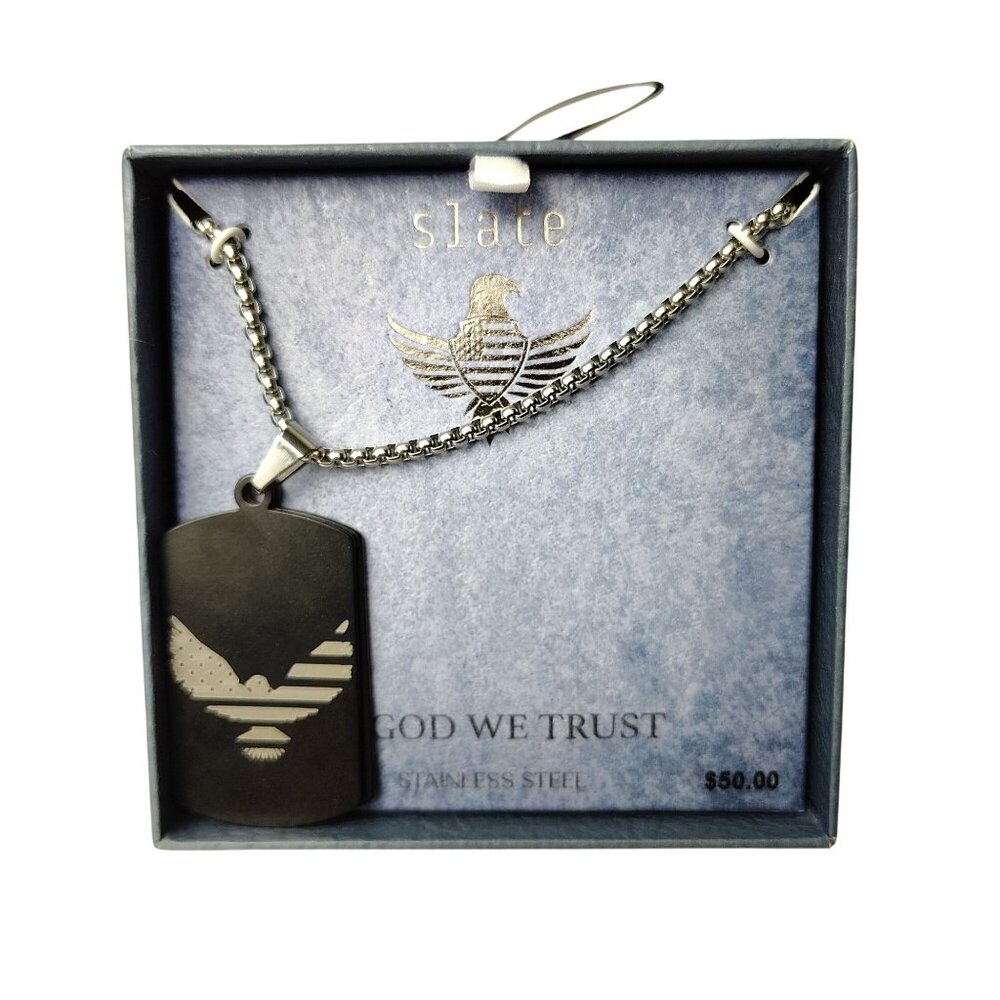 Slate Dog Tag In God We Trust Stainless Steel Necklace With Eagle Design - Picture 2 of 5